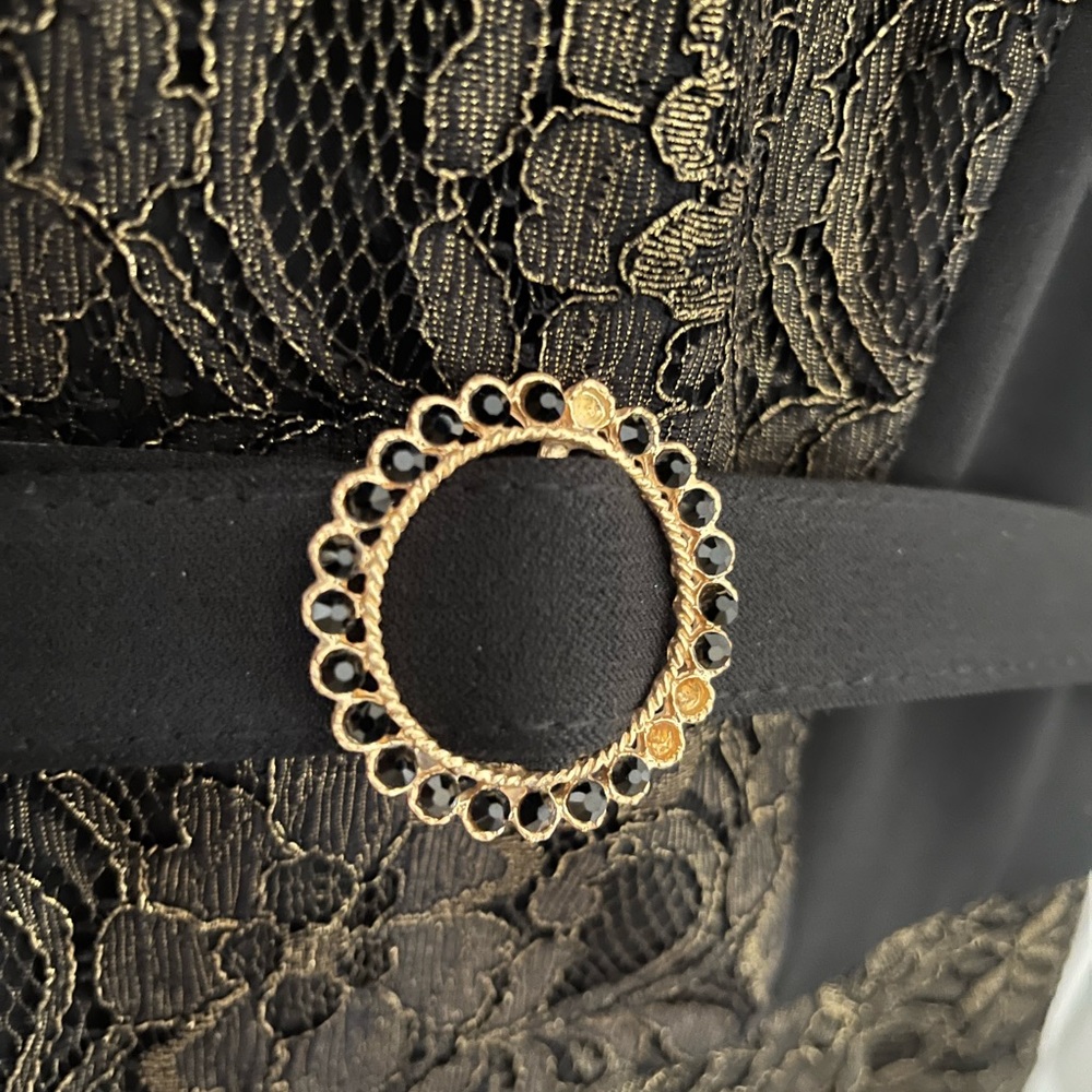 Black and gold lace trimmed dress with belt. - Picture 2 of 5